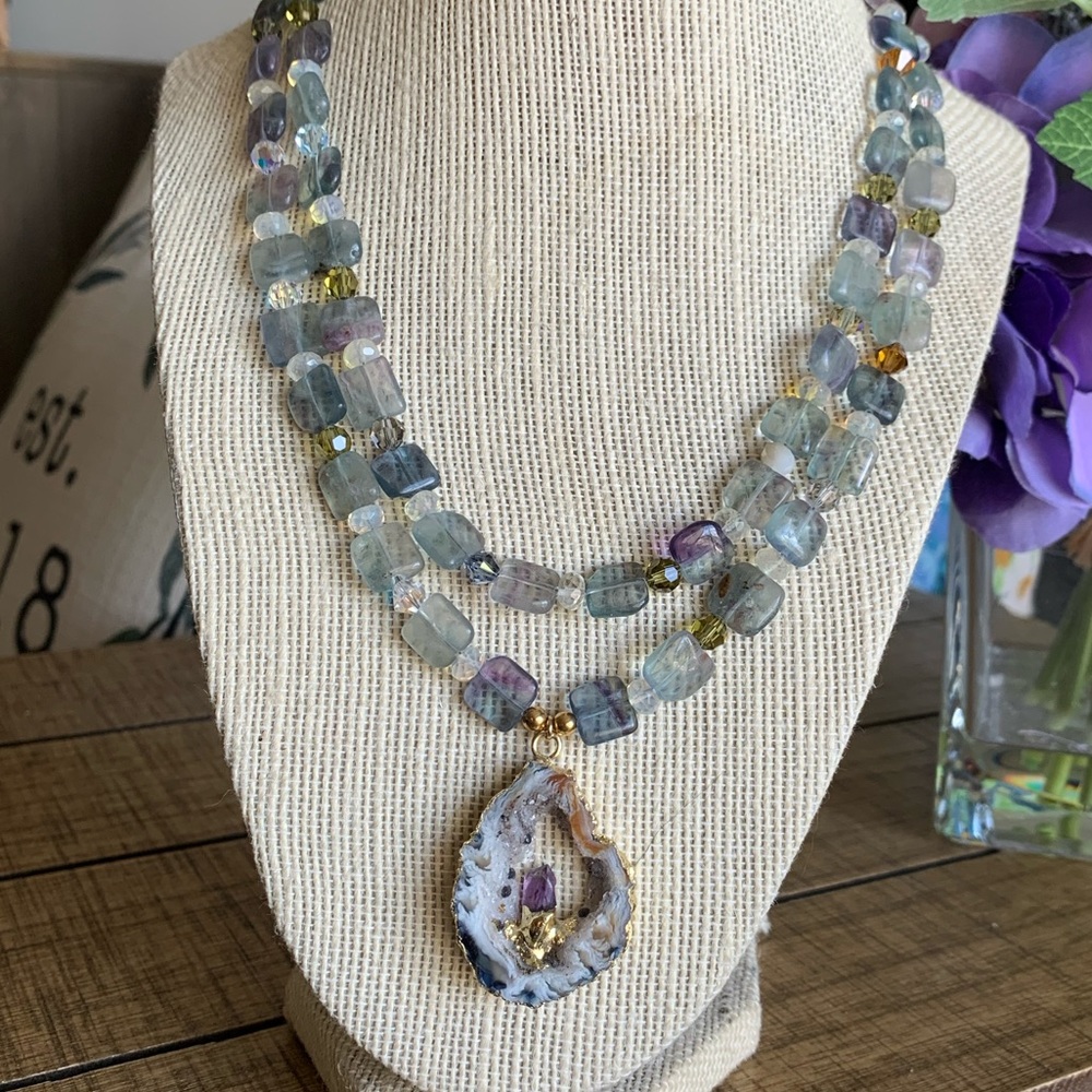 Handmade geode, amethyst, fluorite, & Swarovski crystal double strand necklace - Picture 2 of 8